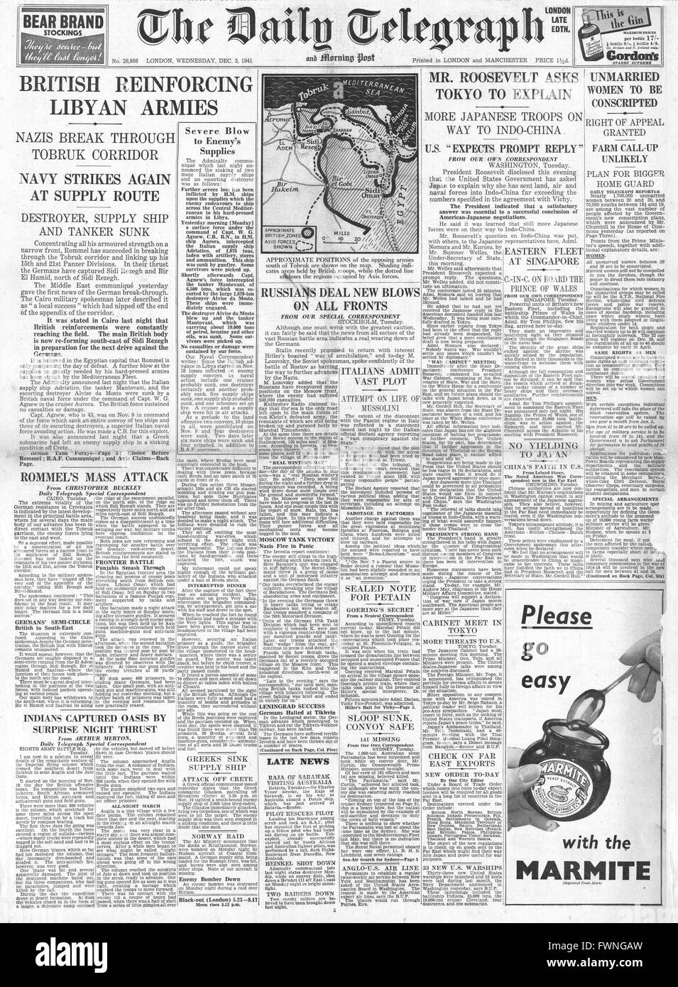 1941 Titelseite Daily Telegraph Battle for Libya, Tobruk und Sidi Rezegh, Captain Agnew von der HMS Aurora versenkt die italienische Schifffahrt, Spannungen im Pazifik und die Wehrpflicht der Regierung Stockfoto