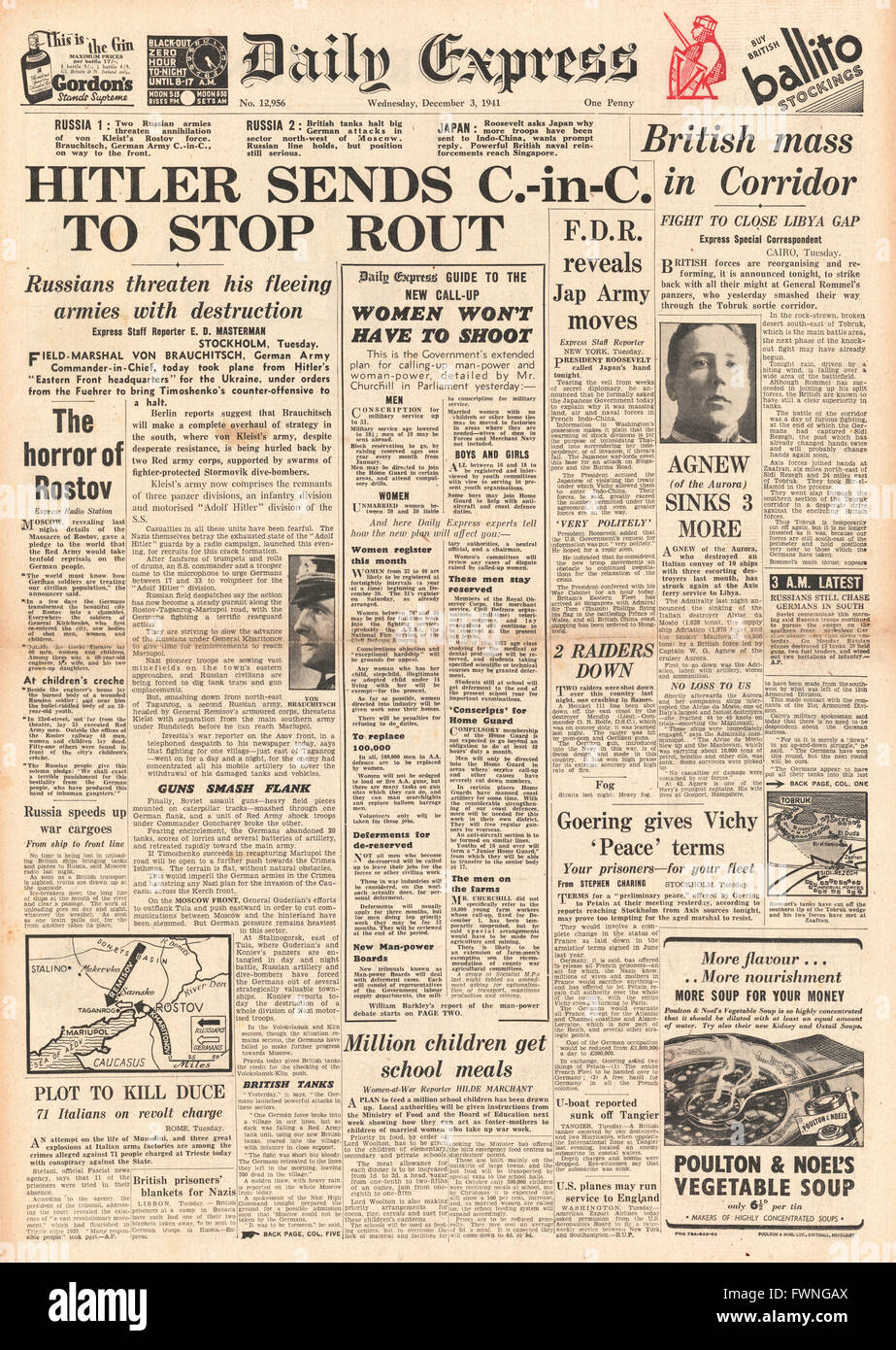 1941 Titelseite Daily Express von Brauchitsch fährt in die Ukraine, um die russische Gegenoffensive zu stoppen, Captain Agnew von der HMS Aurora versenkt die italienische Schifffahrt, Spannungen im Pazifik und die Wehrpflicht der Regierung Stockfoto