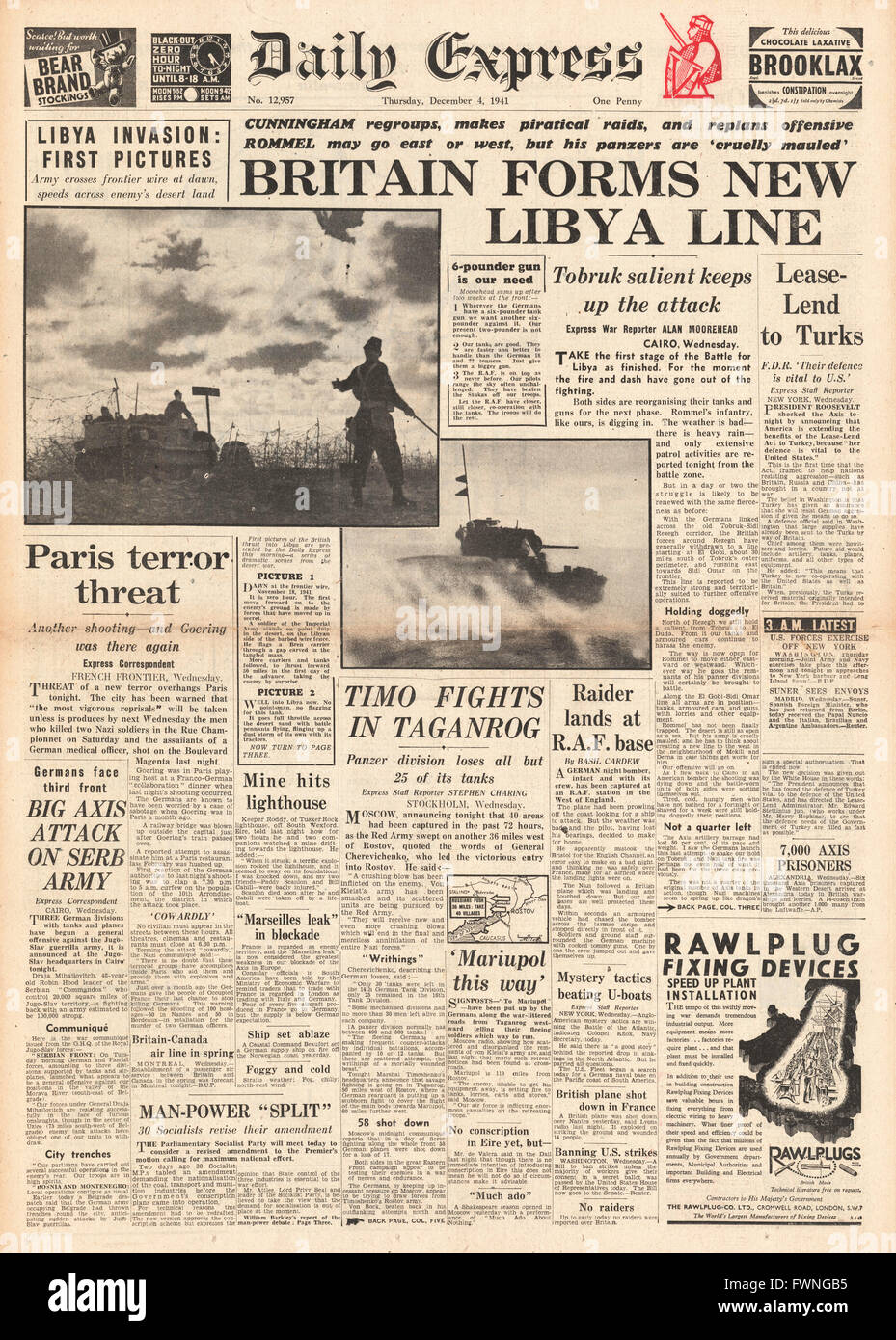 1941-Titelseite Daily Express Kampf um Libyen Stockfoto