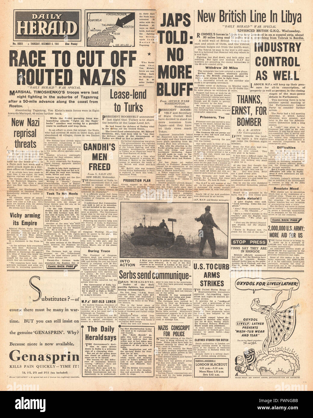 1941-Titelseite Daily Herald Kampf um Libyen und Mariupol Stockfoto