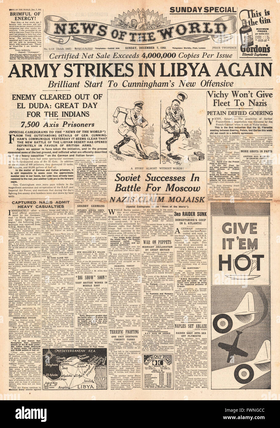 1941-Titelseite Nachrichten der Welt kaiserlichen Angriff in Libyen und Russland Erfolg in der Schlacht um Moskau Stockfoto