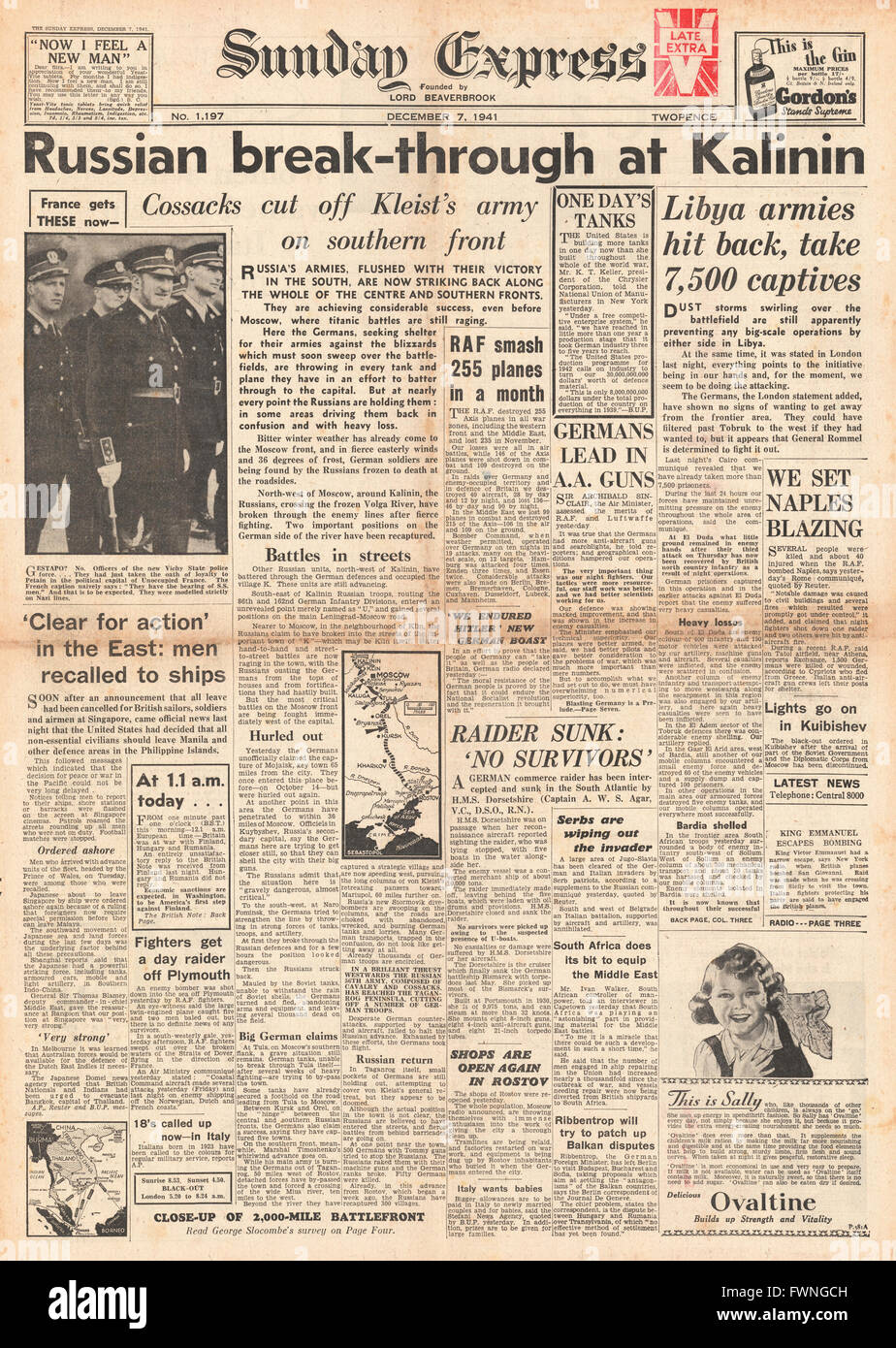1941-Titelseite Sunday Express russische Armee durchbrechen bei Kalinin und Kampf um Libyen Stockfoto