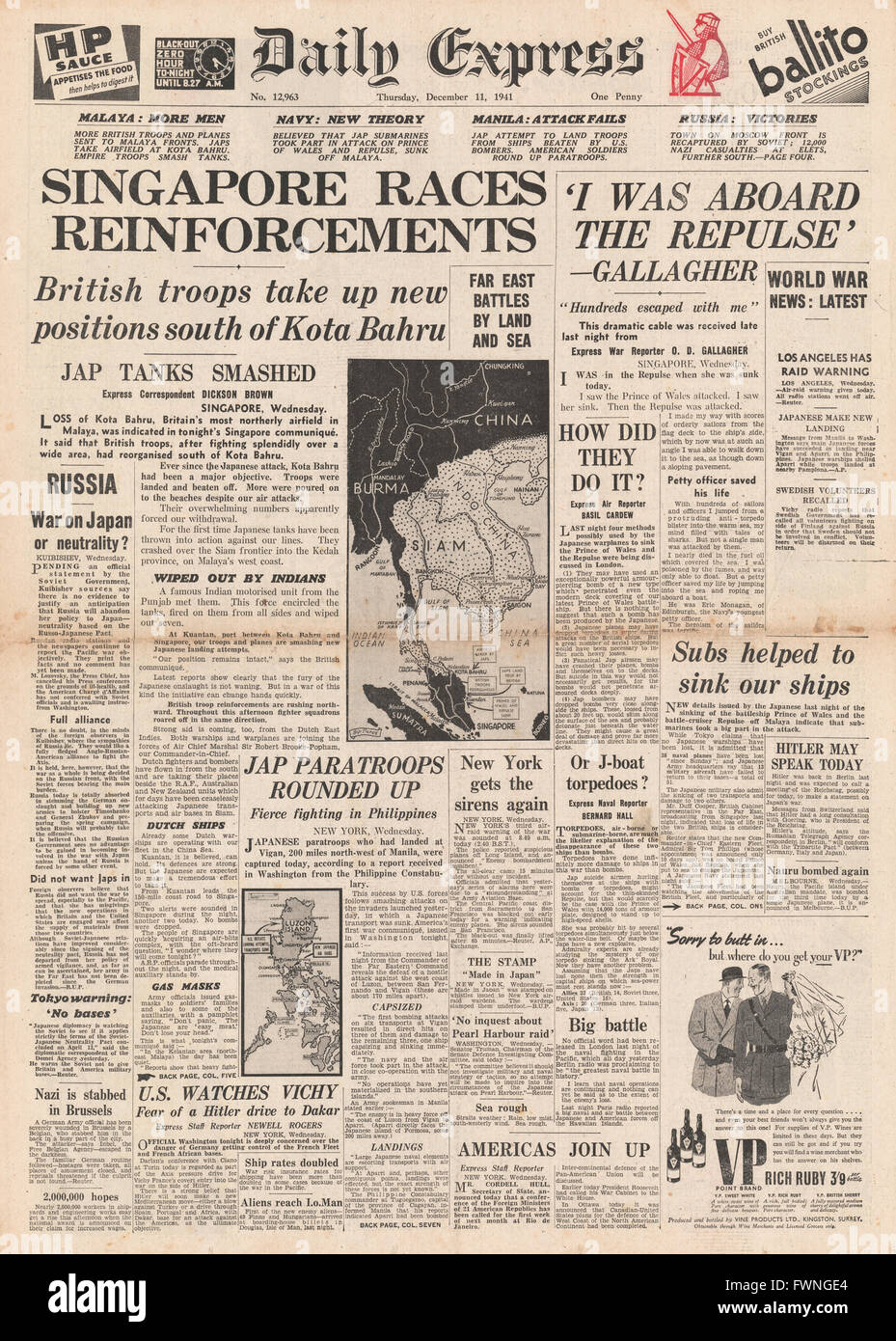 1941-Titelseite Daily Express britische Verstärkung nach Singapur und Versenkung der HMS Prince Of Wales und HMS Repulse senden Stockfoto