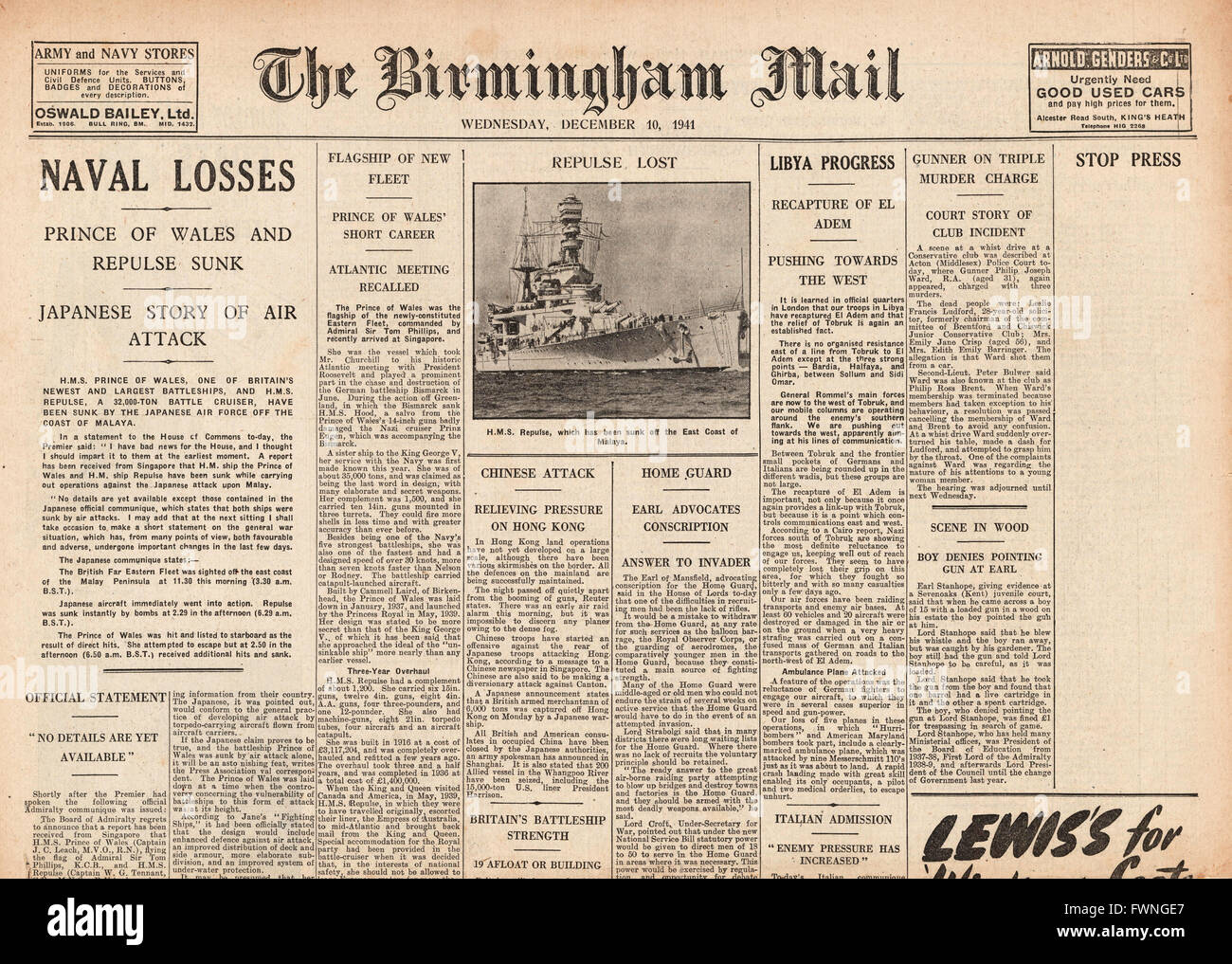 1941-Titelseite Birmingham Mail HMS Prince Of Wales und HMS Repulse versenkt, japanische Truppen Land in Philippinen, Schlacht in Malaya und Belagerung von Tobruk Stockfoto