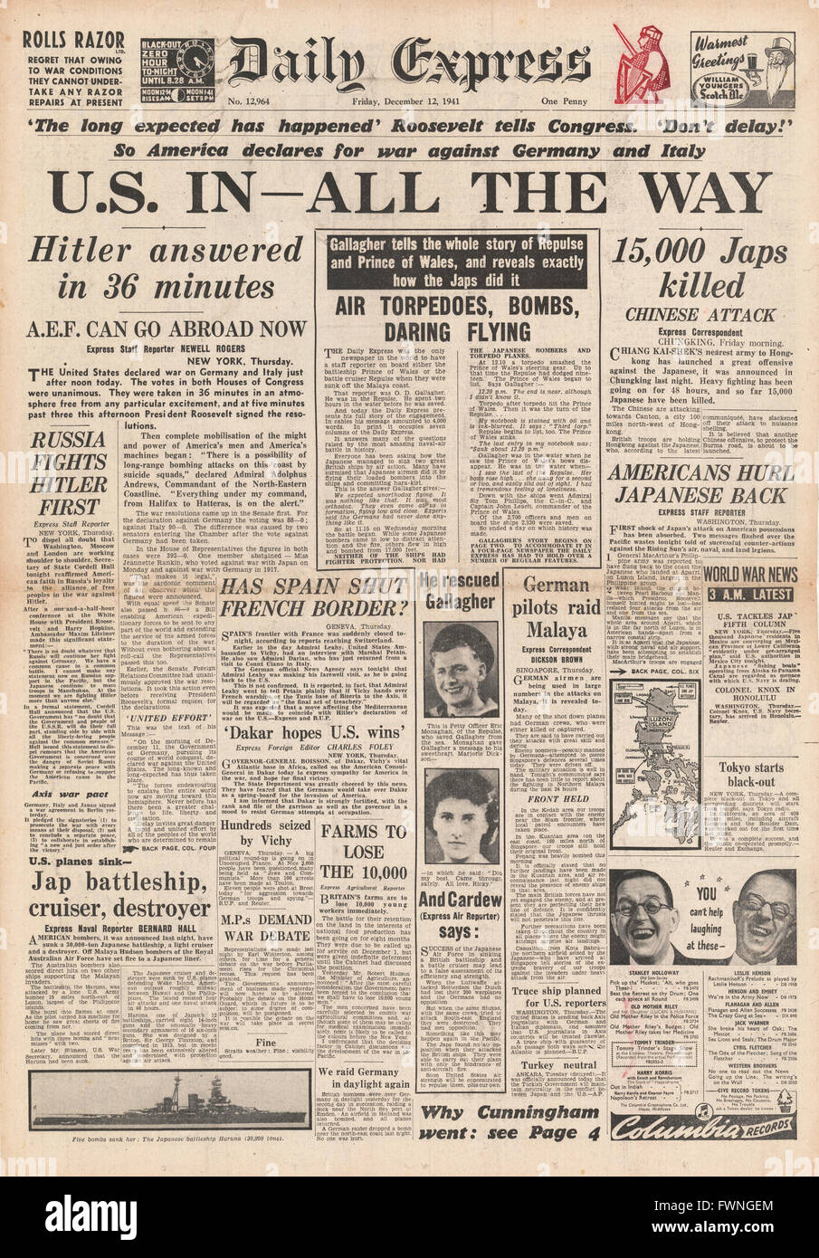 1941-Titelseite Daily Express US erklärt Krieg auf Deutschland und Italien Stockfoto