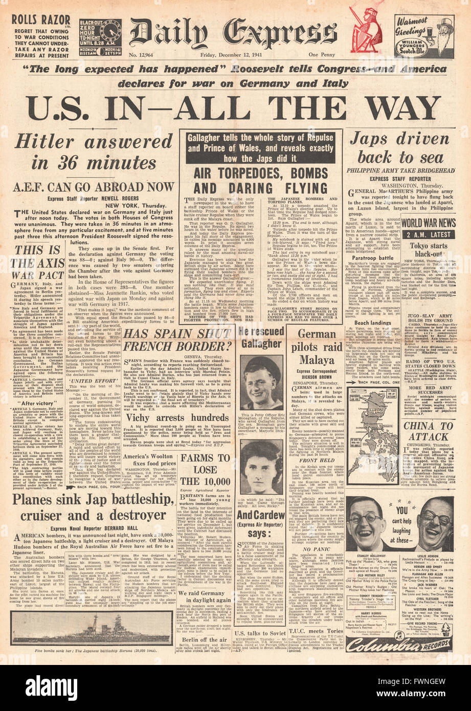 1941-Titelseite Daily Express US erklärt Krieg auf Deutschland und Italien Stockfoto