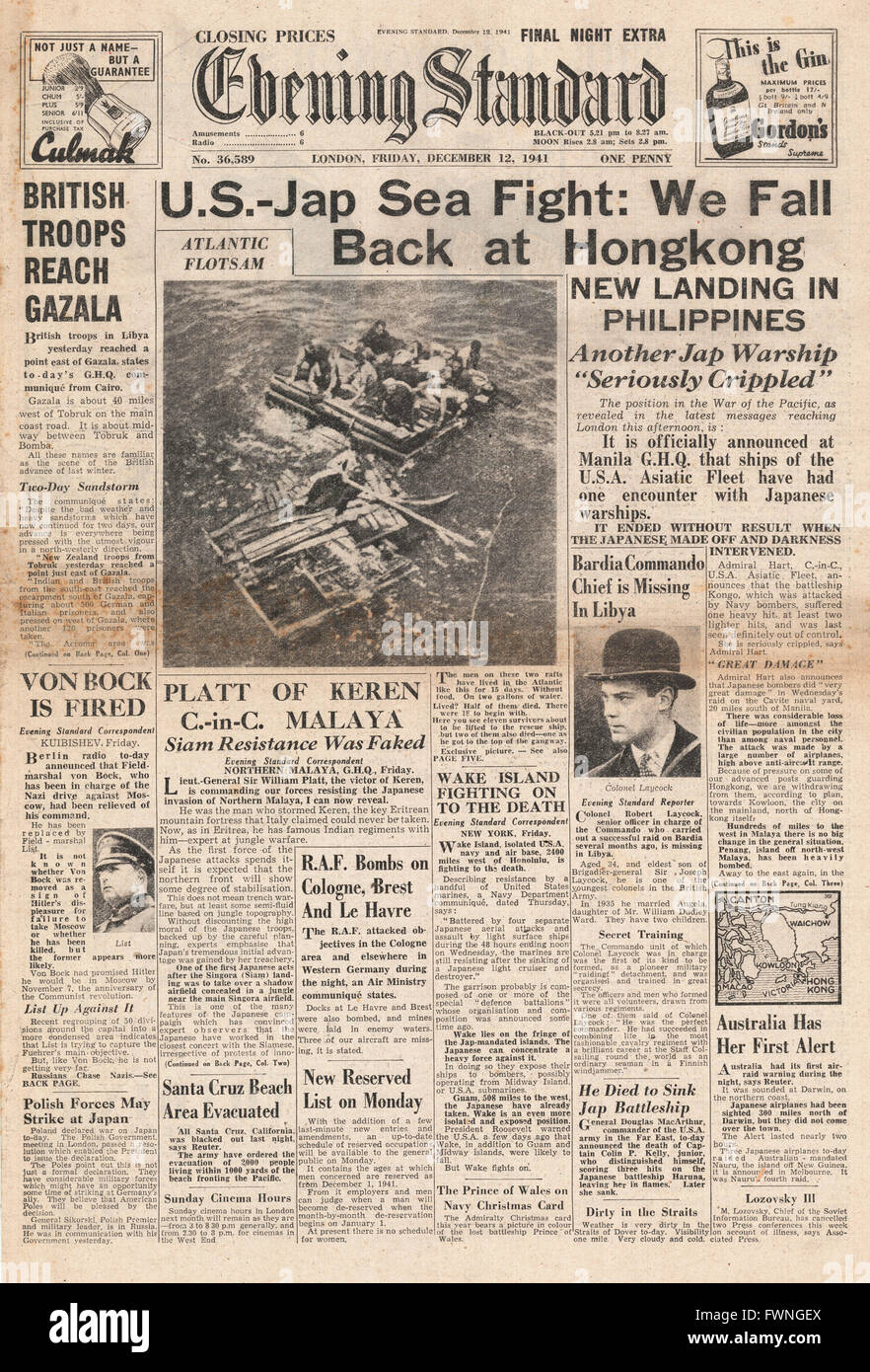 1941 Front Seite Evening Standard (London) US - japanische Seeschlacht, japanische Truppen landen auf Philippinen und Generalfeldmarschall Von Bock entlassen Stockfoto