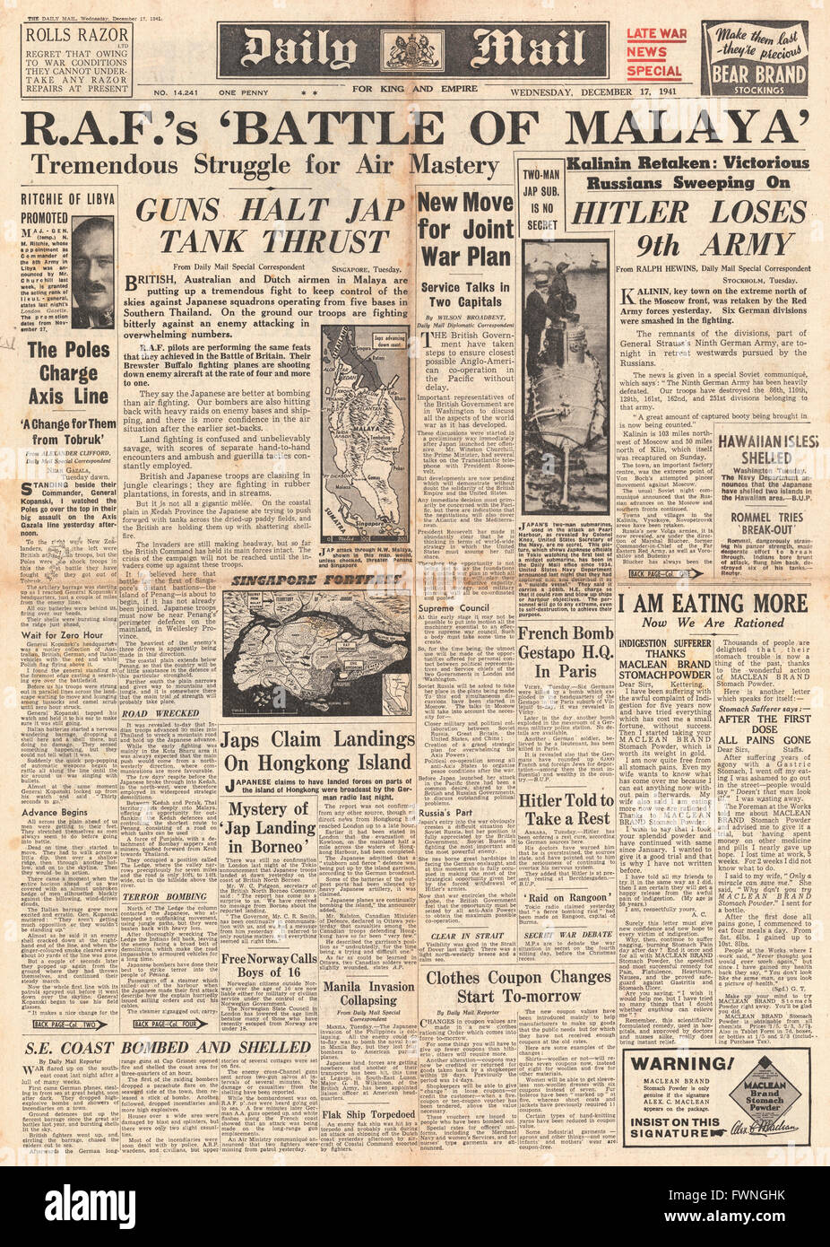 1941-Titelseite Daily Mail Flugzeuge der Alliierten in der Schlacht für Malaya Stockfoto