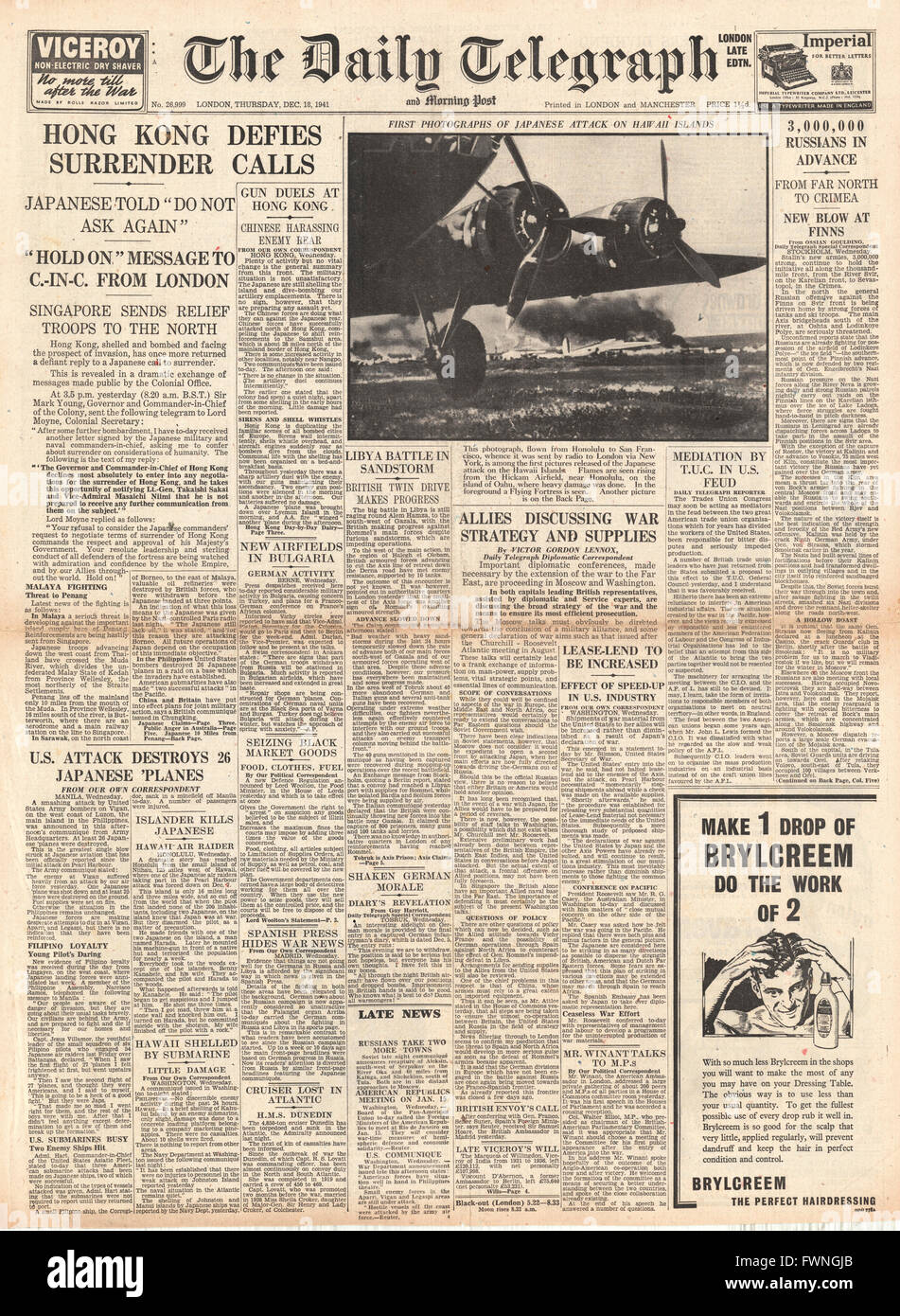 1941-Titelseite Daily Telegraph Hong Kong trotzt Kapitulation Aufrufe Stockfoto