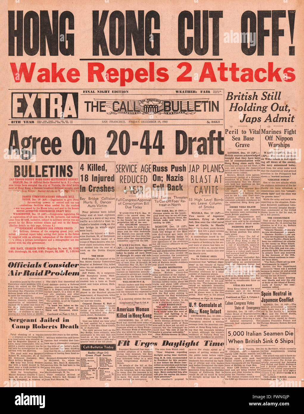 San Francisco Call Bulletin Hong Kong 1941 Titelseite abgeschnitten Stockfoto