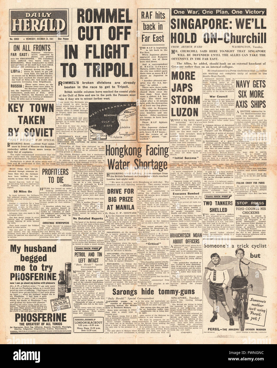 1941-Titelseite abgeschnitten Daily Herald-Afrika-Korps in Libyen und Schlacht um Singapur und Hong Kong Stockfoto