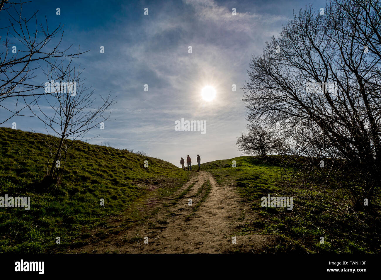 drei Personen in Contra Licht geht auf dem Weg im Frühjahr Land Seite auseinander Objektiv Stockfoto