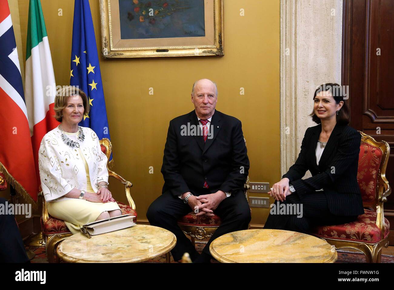 Rom, Italien. 6. April 2016. König Harald und Königin Sonja von Norwegen Besuch der Abgeordnetenkammer. Bildnachweis: Insidefoto/Alamy Live-Nachrichten Stockfoto