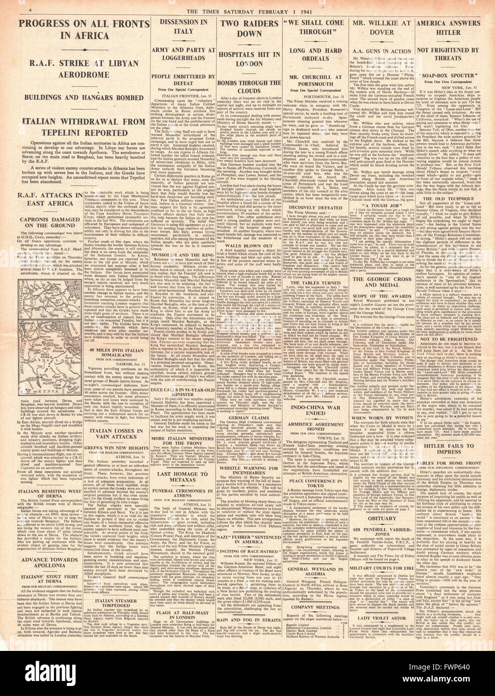 1941 s. 4 The Times Alliierten Fortschritte an allen Fronten in Afrika Stockfoto