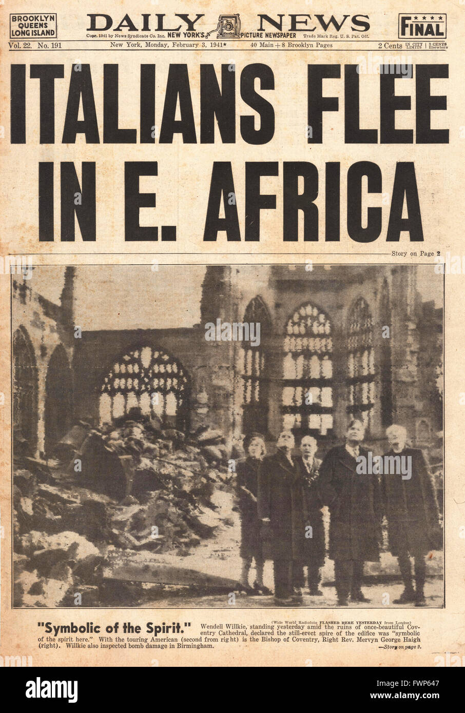 1941-Titelseite Daily News (New York) italienische Armee fliehen in Ost-Afrika Stockfoto