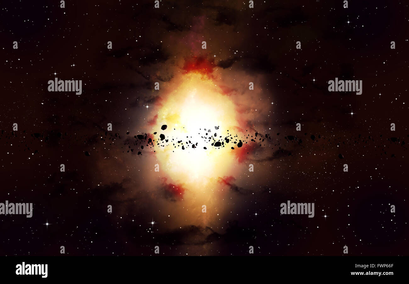 imaginäre Weltraum multicolor hell Starfield mit Asteroiden Stockfoto
