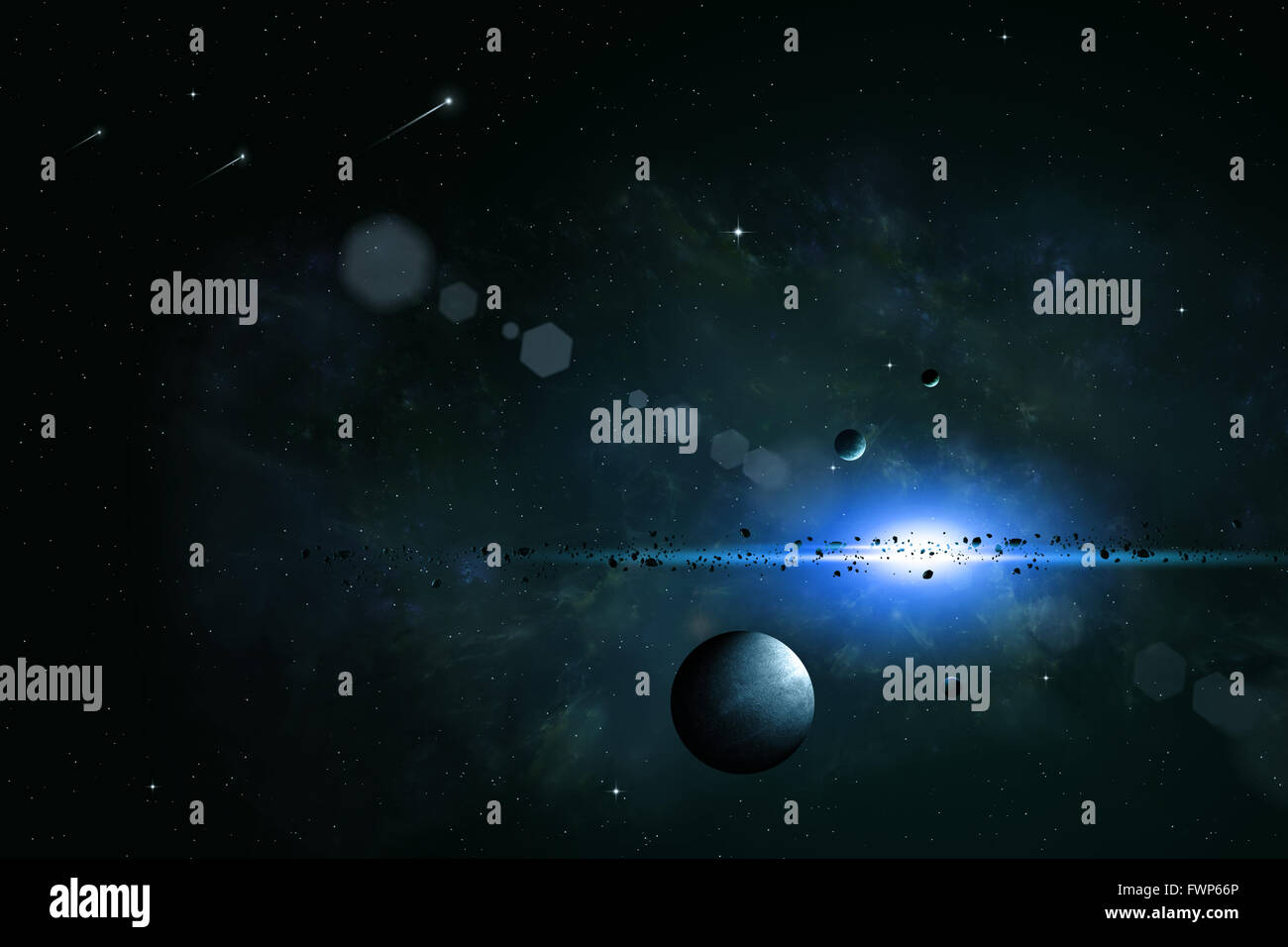 Abbildung abstrakt imaginären Weltraum mit Planeten und Asteroiden Stockfoto