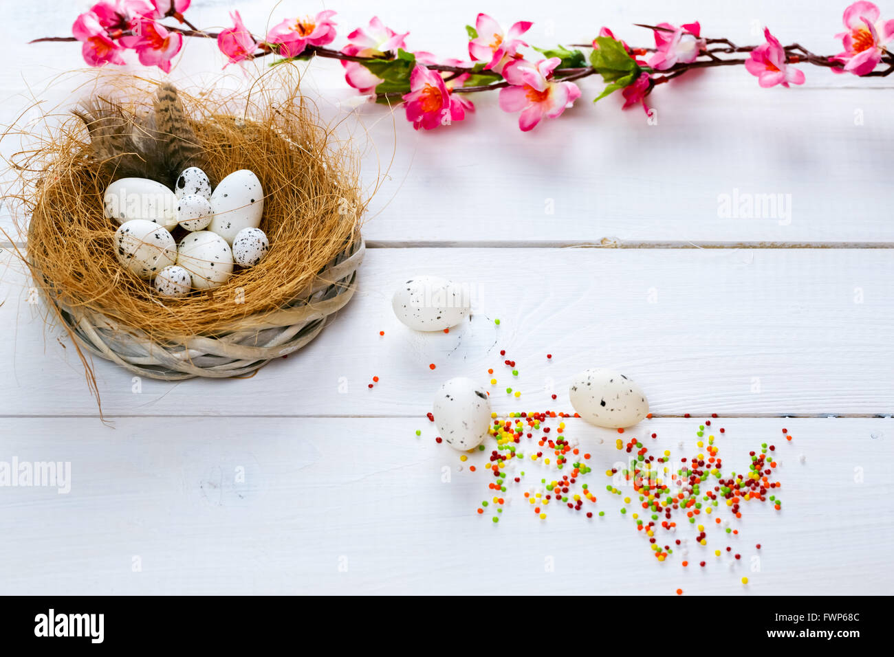 Schöne Ostern Hintergrund mit Blumen und Nest mit den Eiern auf den weiß lackierten Brettern. freier Platz für Text Stockfoto