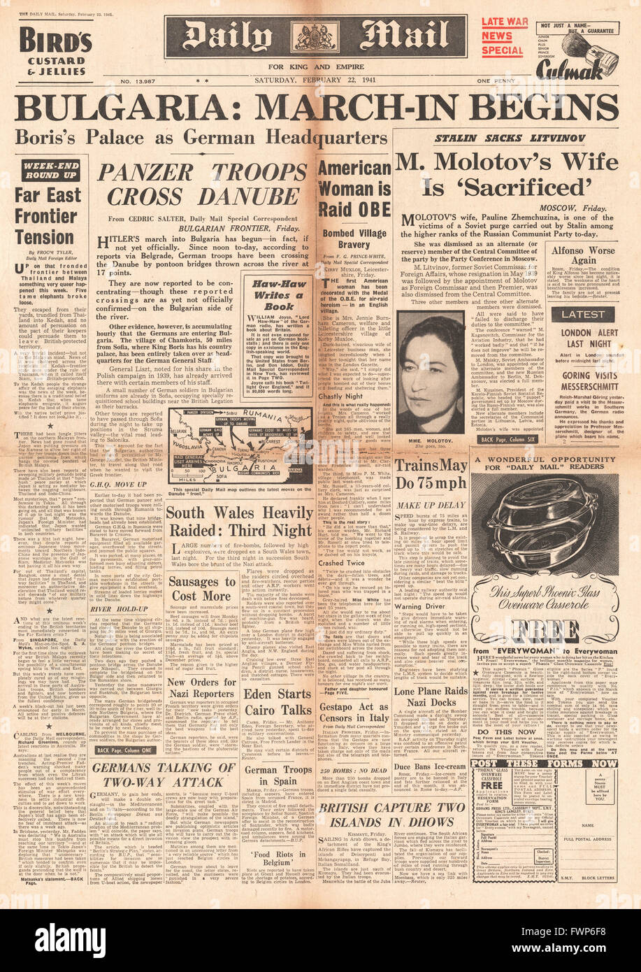 1941-Titelseite Daily Mail deutsche Truppen geben Sie Bulgarien Stockfoto