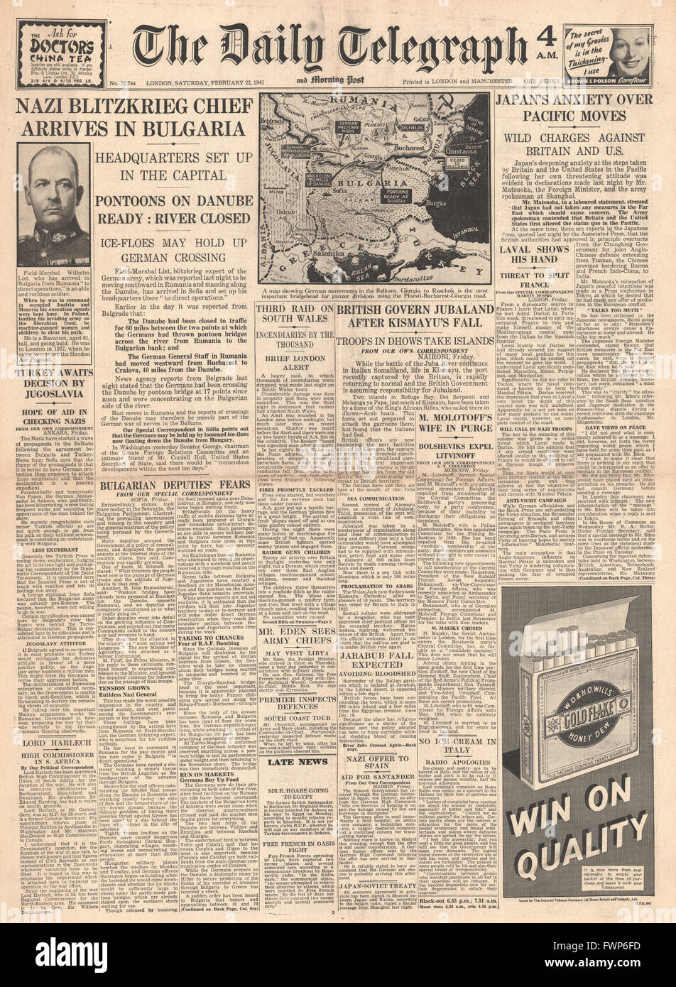 1941-Titelseite Daily Telegraph Deutsch Truppen geben Sie Bulgarien Stockfoto