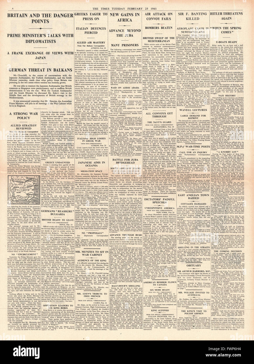 1941-Seite 4 The Times Churchill in diplomatische Gespräche mit Japan, Hitler droht u-Boot Krieg und Verstärkung der kaiserlichen Truppen in Afrika Stockfoto