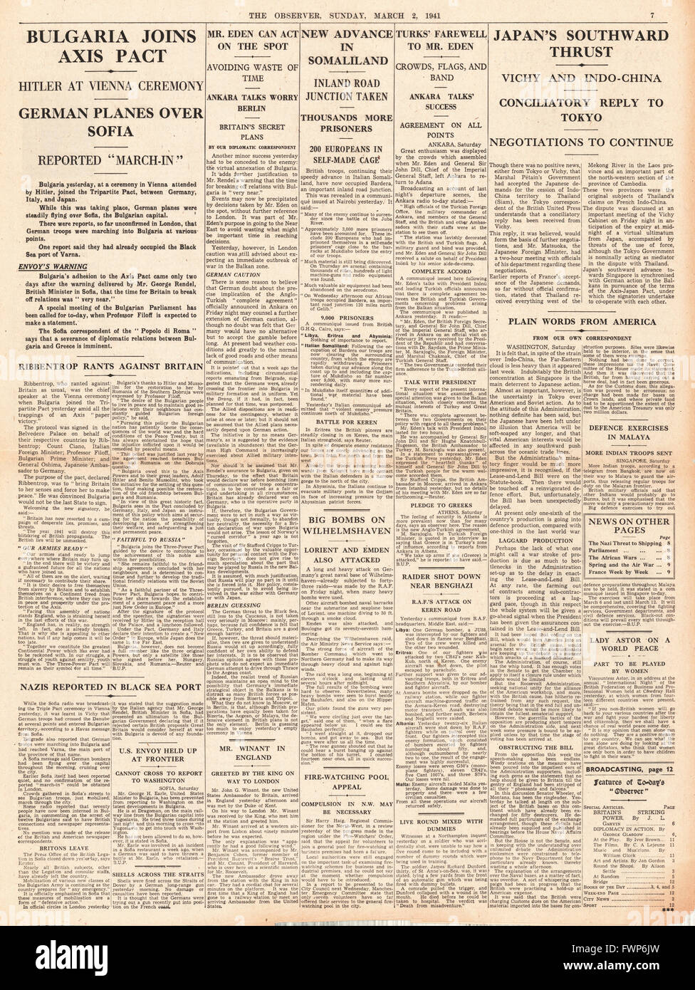 1941, Seite 7 The Observer Bulgarien Join Achse Befugnisse und imperialen Kräfte voraus in Somaliland Stockfoto