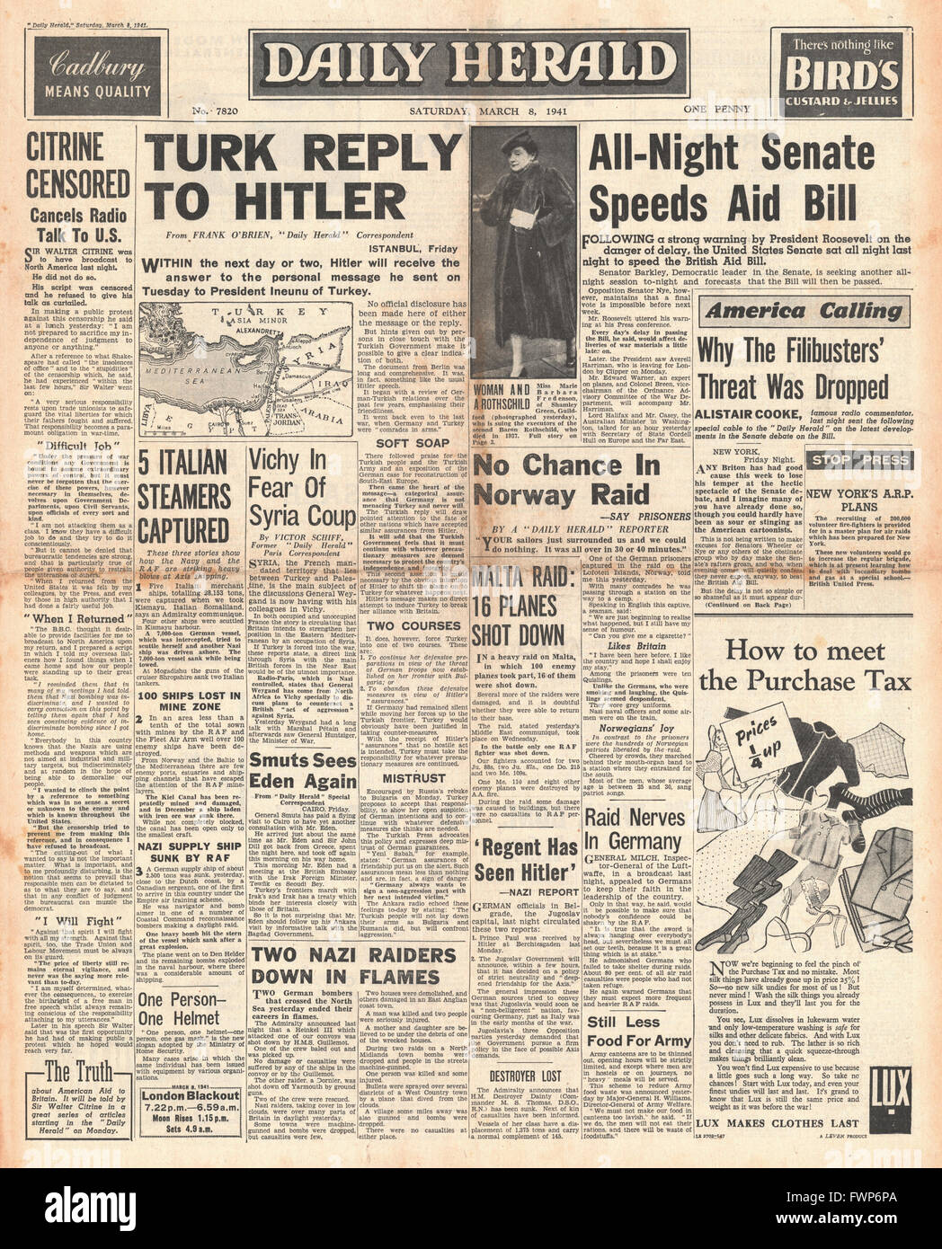 1941-Titelseite Daily Herald Türkei zur Beantwortung von Hitler und US-Senat zu beschleunigen, Beihilfen Bill Stockfoto