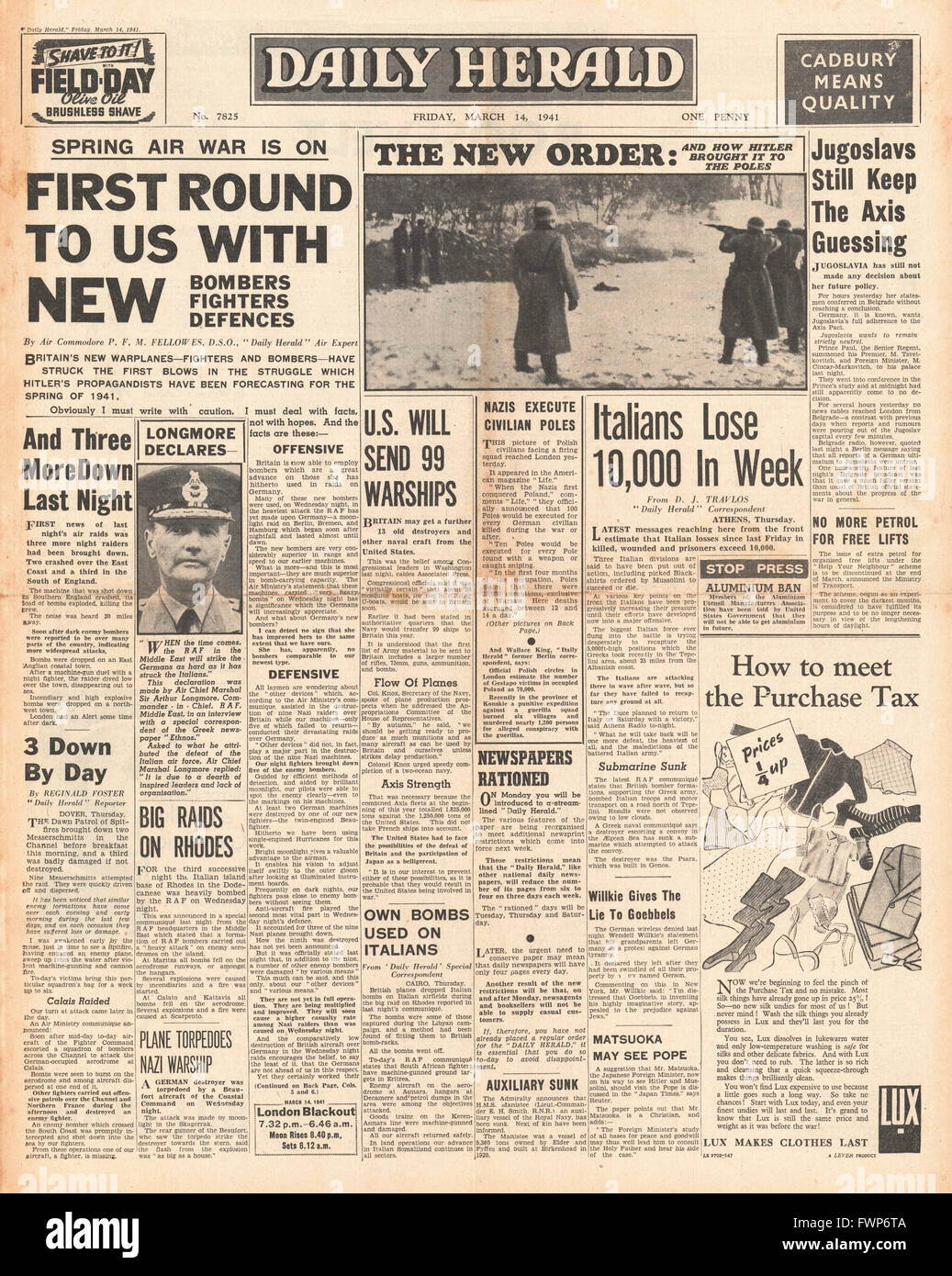 1941-Front Seite Daily Herald Hinrichtungen in Polen und Großbritanniens neue Flugzeuge Stockfoto