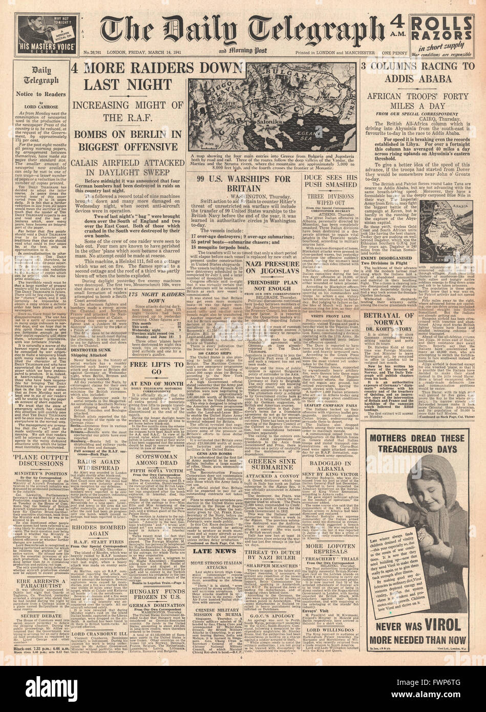 1941-Titelseite Daily Telegraph Bombardierung Überfälle auf Großbritannien und Berlin Stockfoto