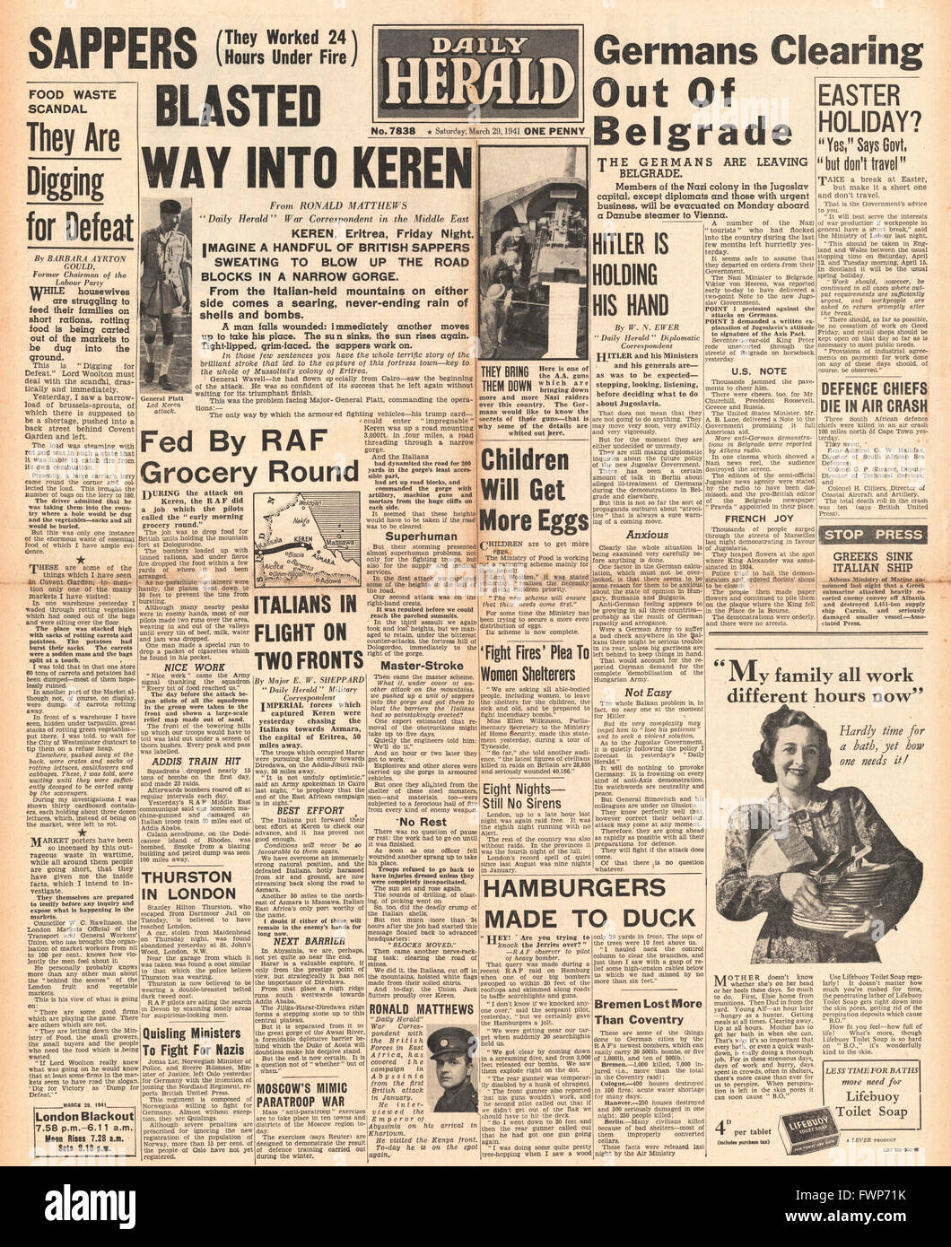 1941-Titelseite Daily Herald Kampf um Keren und Unruhen in Jugoslawien Stockfoto