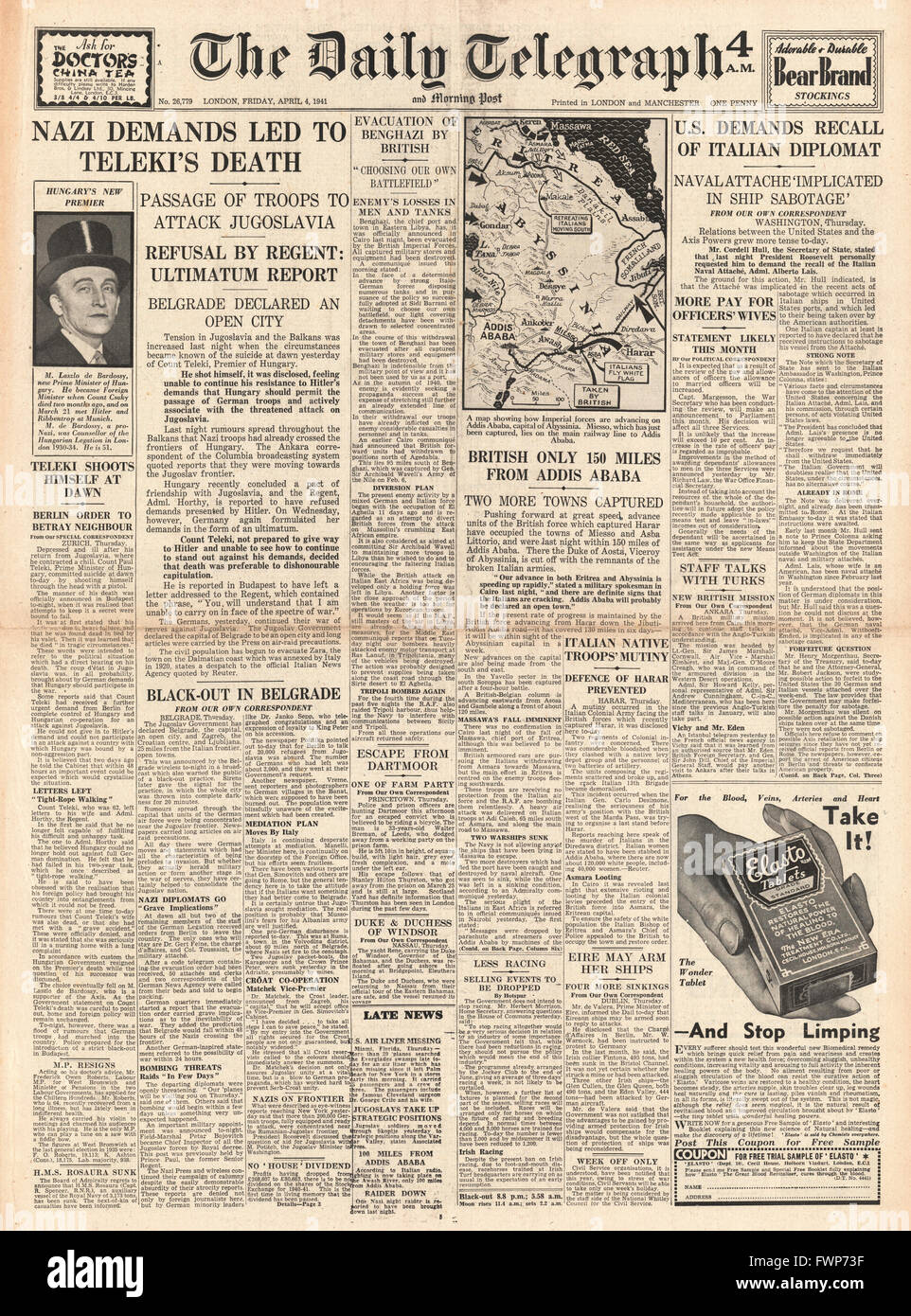 1941 Titelseite Daily Telegraph ungarische Premier Graf Teleki begeht Selbstmord und britischen Streitkräfte Benghazi aufgeben Stockfoto