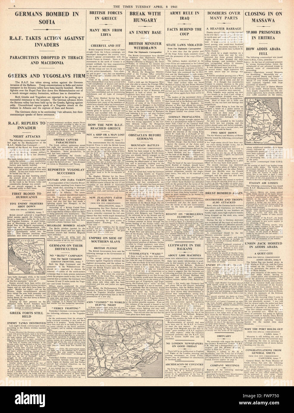 1941 s. 6 The Times RAF Bombe Sofia und griechischen und jugoslawischen Kräfte Kampf Bundeswehr Stockfoto