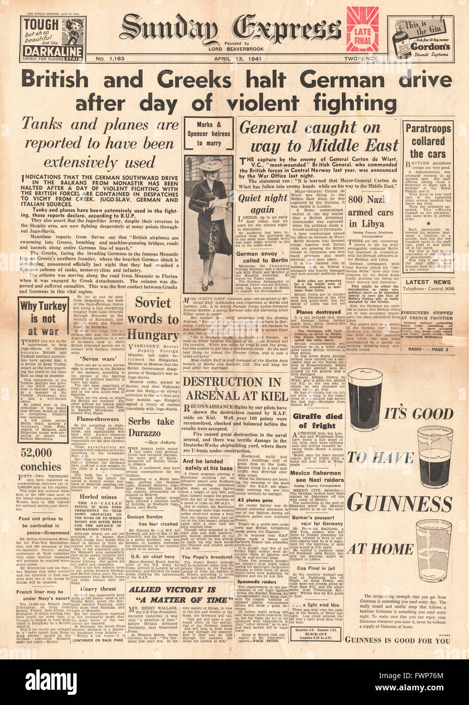 1941 Sunday Express britische Armee Kampf deutscher Kräfte in Griechenland Stockfoto