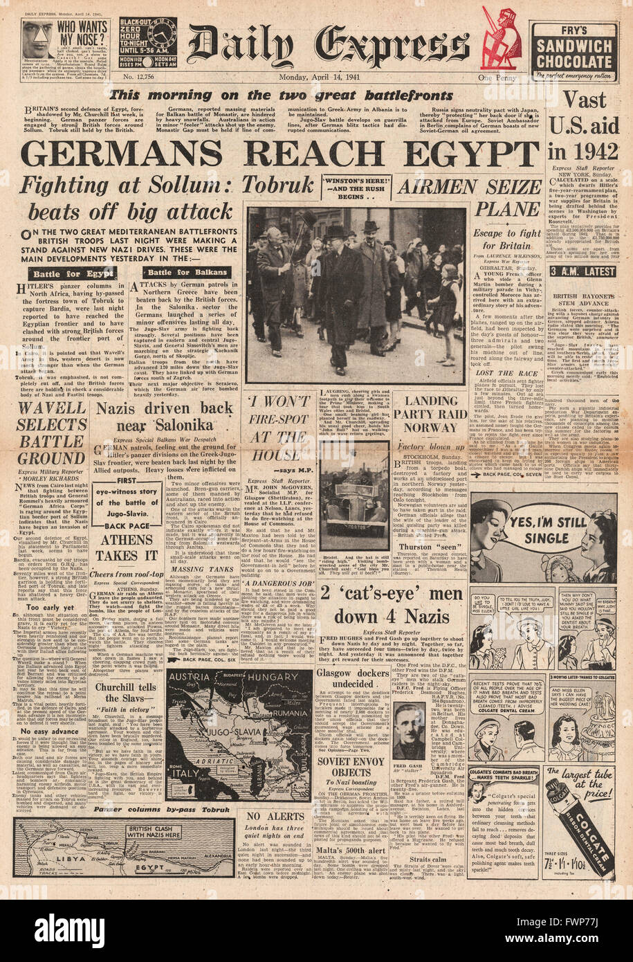 1941 Titelseite Daily Express Deutsch Kräfte erreichen, Ägypten und Schlacht mit der britischen Armee in der Nähe von Sollum Stockfoto