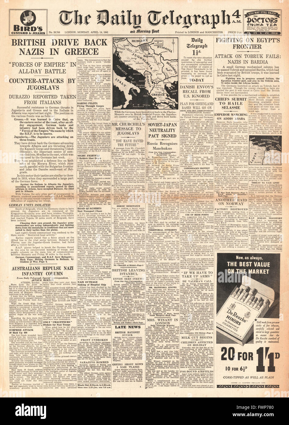 1941 Front Page Daily Telegraph britische Armee halten die deutschen Truppen in Griechenland und die deutschen Truppen erreichen Ägypten und Kampf mit der britischen Armee in der Nähe von Sollum Stockfoto