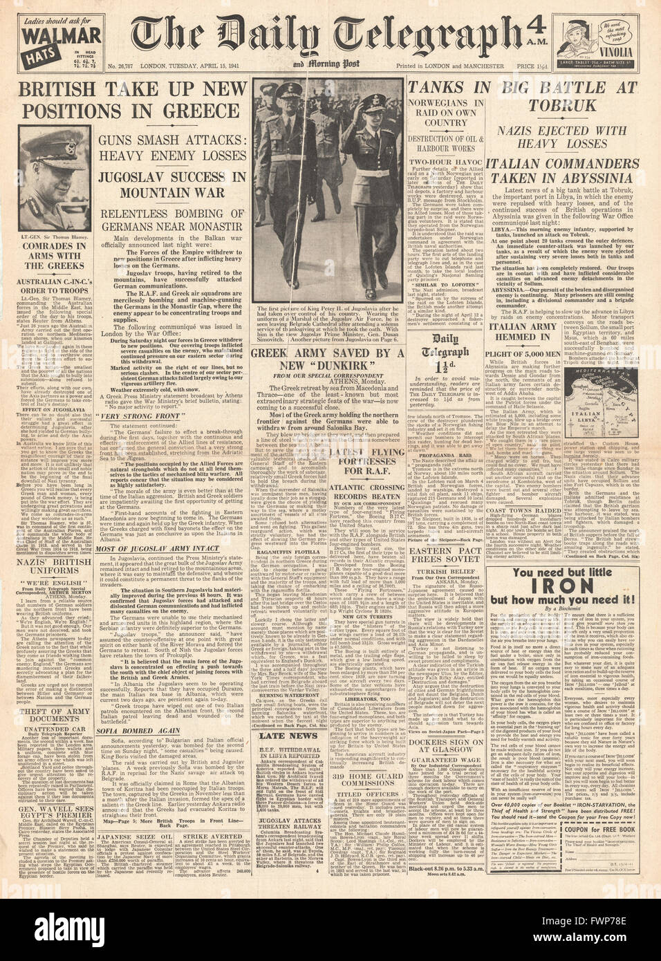 1941-Titelseite, den Daily Telegraph Deutsch Kräfte statt, in Griechenland und bei Tobruk Stockfoto
