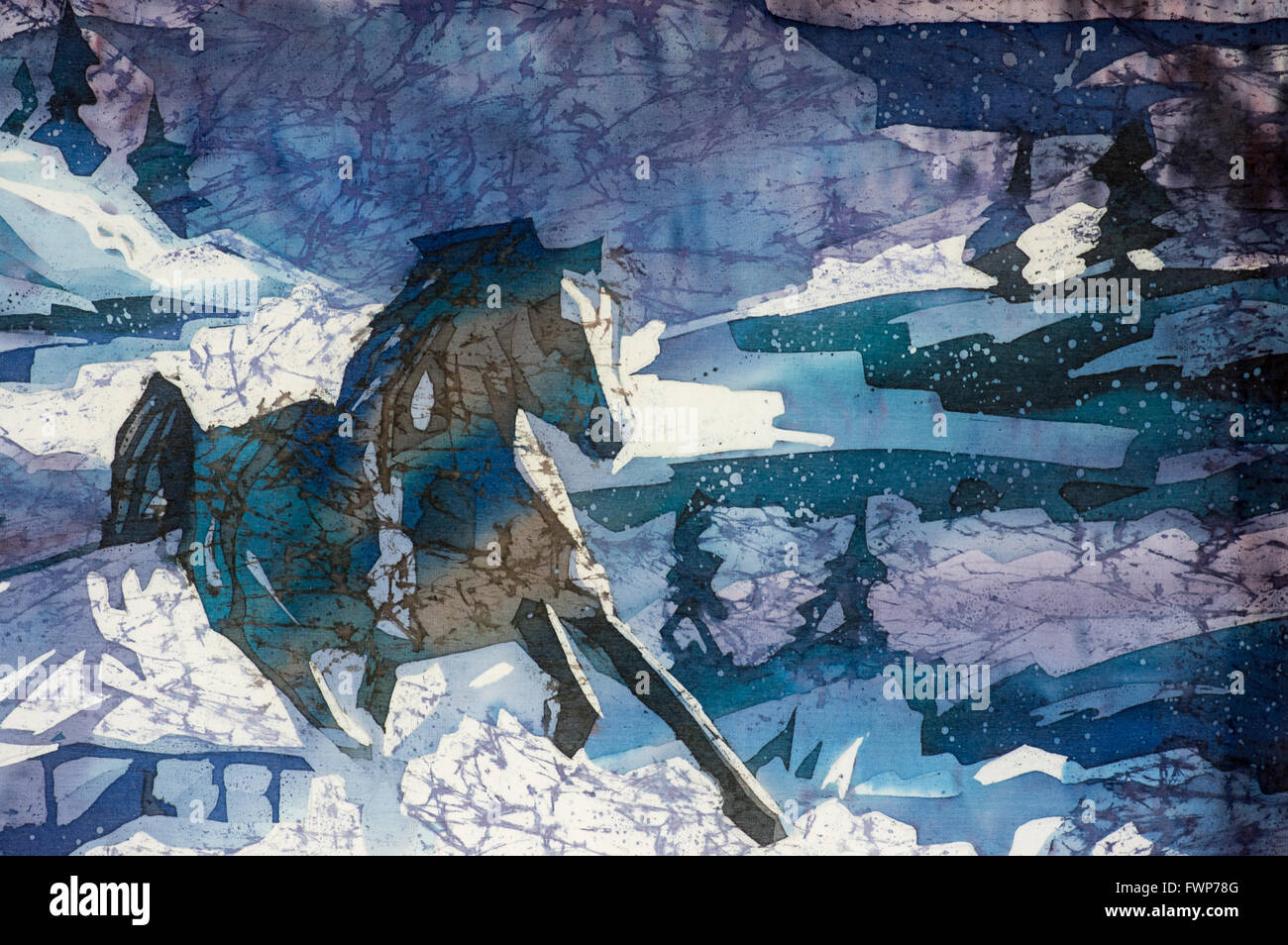 Laufende Pferd, lockig, Türkis, hot Batik, Hintergrundtextur, Handarbeit auf Seide, abstrakten Surrealismus Kunst Stockfoto