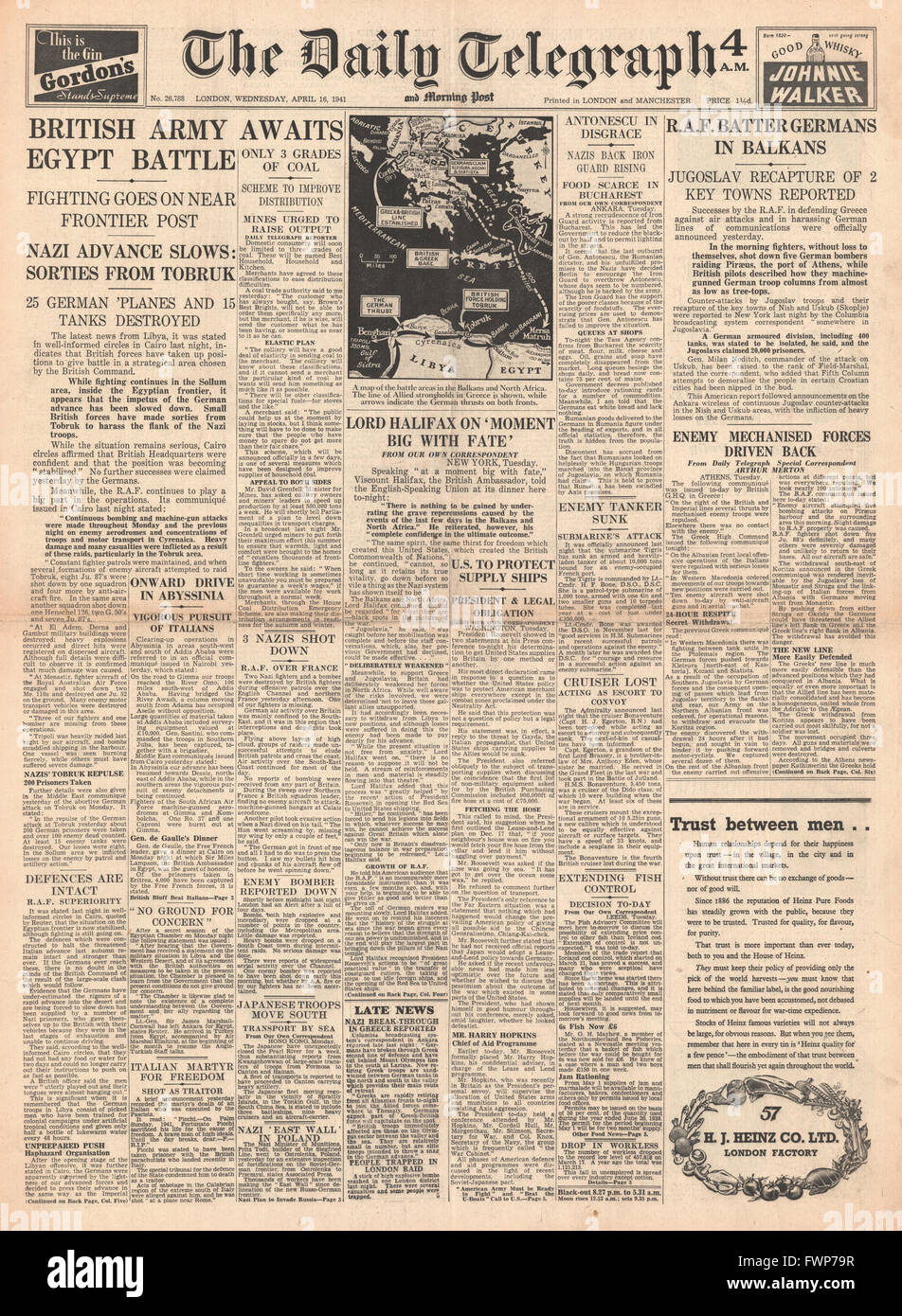 1941-Titelseite Daily Telegraph britische Armee erwartet Ägypten Schlacht und RAF Angriff deutscher Truppen auf dem Balkan Stockfoto