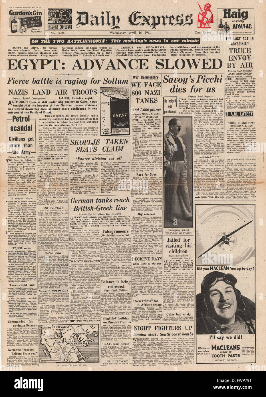 1941-Titelseite, die Daily Express Deutsch Kräfte statt in Ägypten Stockfoto