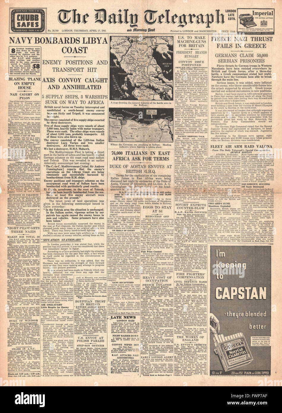 1941 Titelseite Daily Telegraph Royal Navy zu bombardieren, der libyschen Küste und deutsche Truppen in Griechenland statt Stockfoto