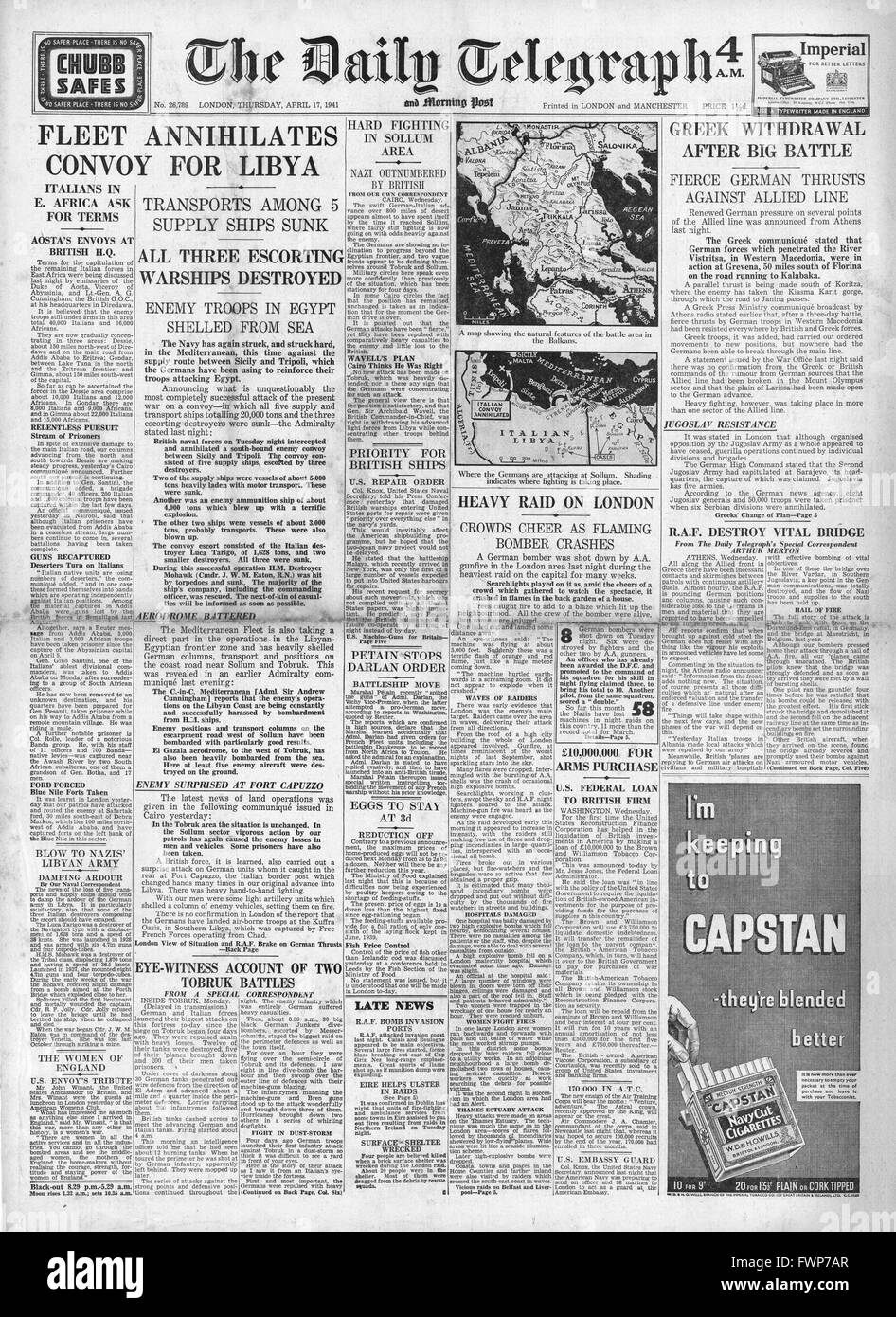 1941-Titelseite Daily Telegraph Royal Navy angreifen Handelsschifffahrt im Mittelmeer Stockfoto