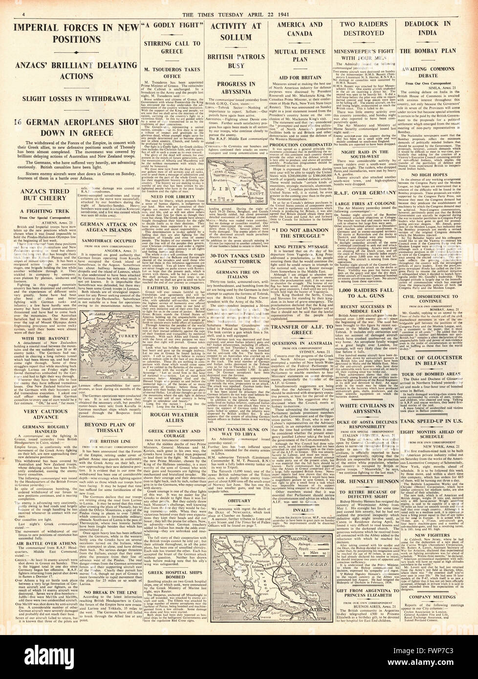 1941-Seite halten 4 The Times kaiserlichen deutschen Vormarsch in Griechenland Stockfoto