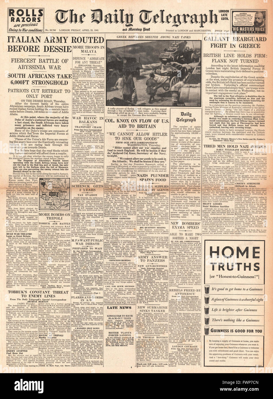1941 Titelseite Daily Telegraph italienische Armee weitergeleitet in Dessie, Abessinien Stockfoto