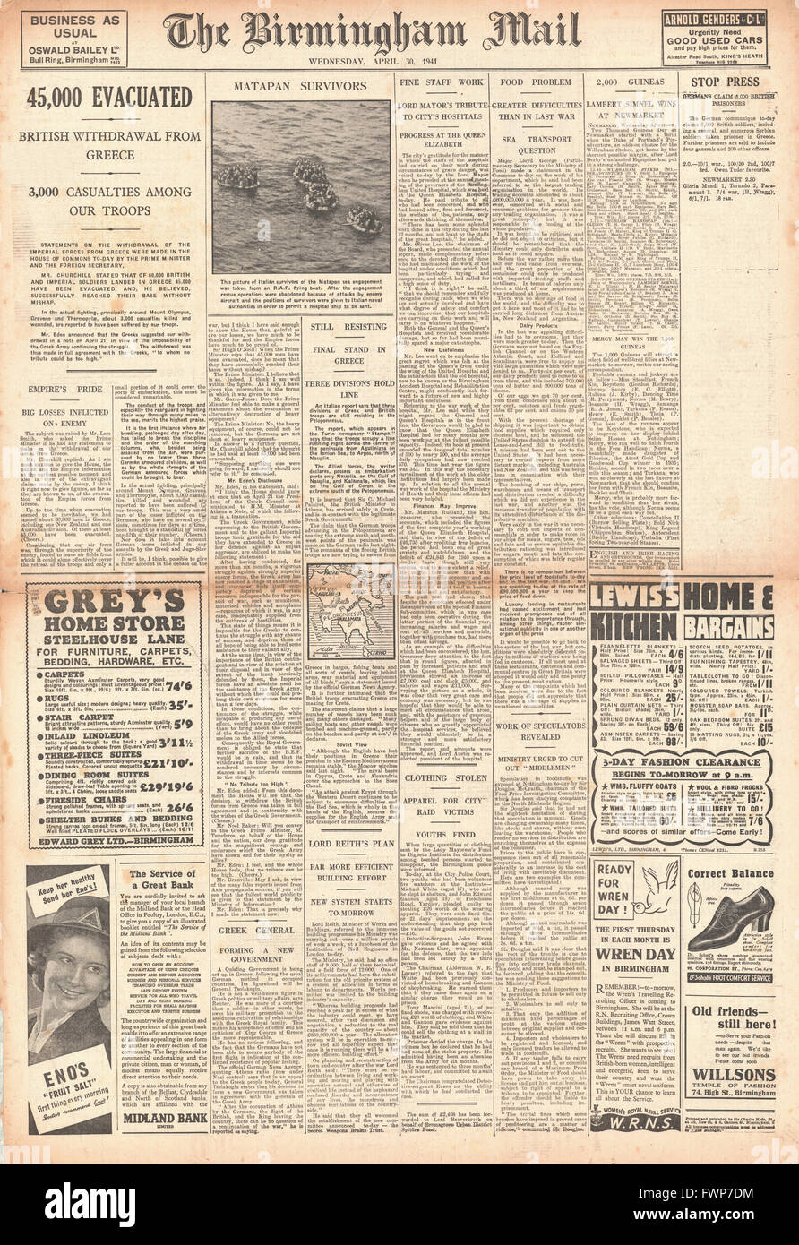 Titelseite 1941 evakuiert Birmingham Mail 45.000 alliierte Truppen aus Griechenland Stockfoto