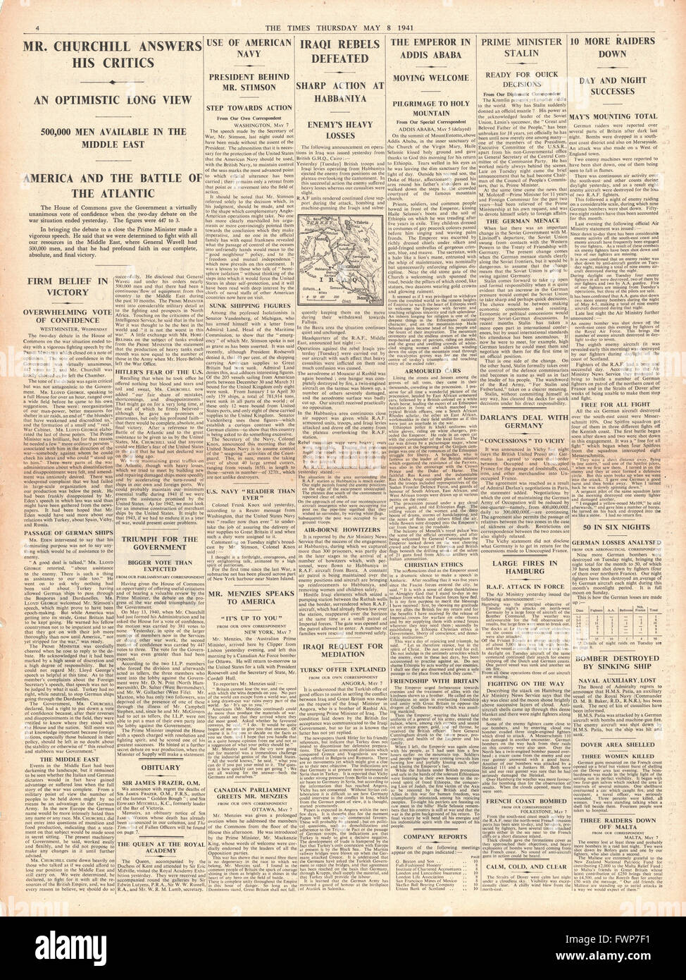 1941-Seite 4 The Times Irak Rebellen besiegt und Churchill antwortet seinen Kritikern Stockfoto
