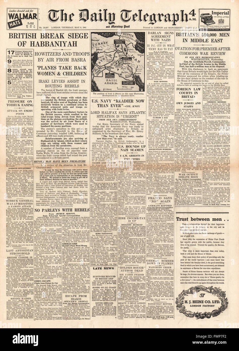 1941 Titelseite Daily Telegraph britischen Streitkräfte brechen Belagerung von Habbaniyah Stockfoto