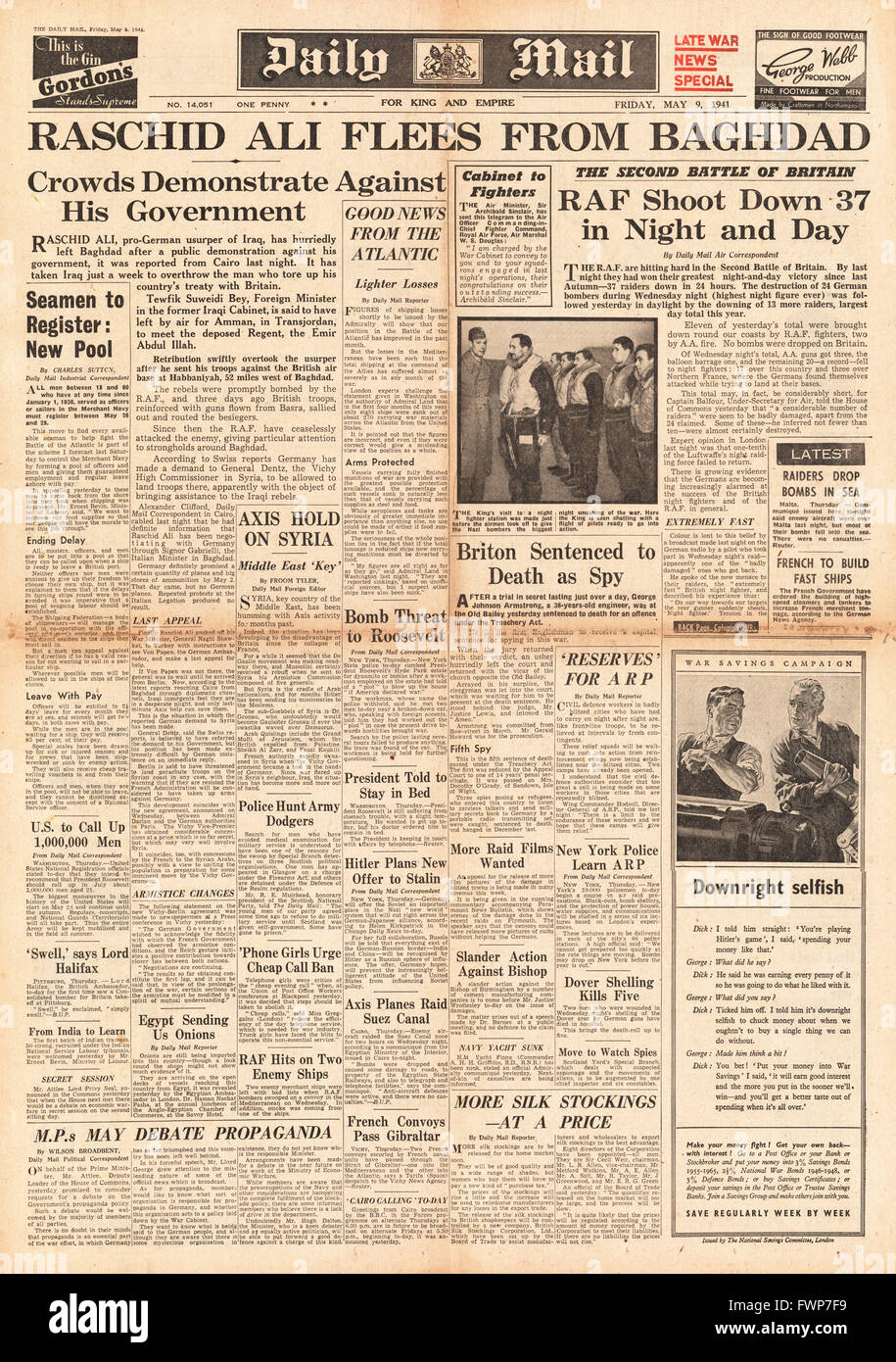 1941 flieht Titelseite Tagespost Irak Rebel Rashid Ali Bagdad und RAF Erfolge gegen deutsche Bomber über England Stockfoto
