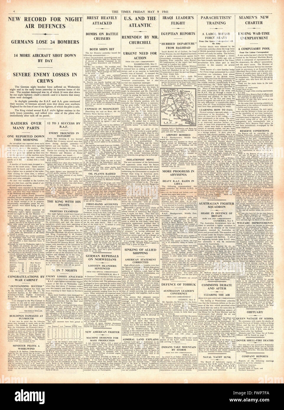 1941 s. 4 The Times Irak Rebel Rashid Ali flieht Bagdad und RAF Erfolge gegen deutsche Bomber über England Stockfoto