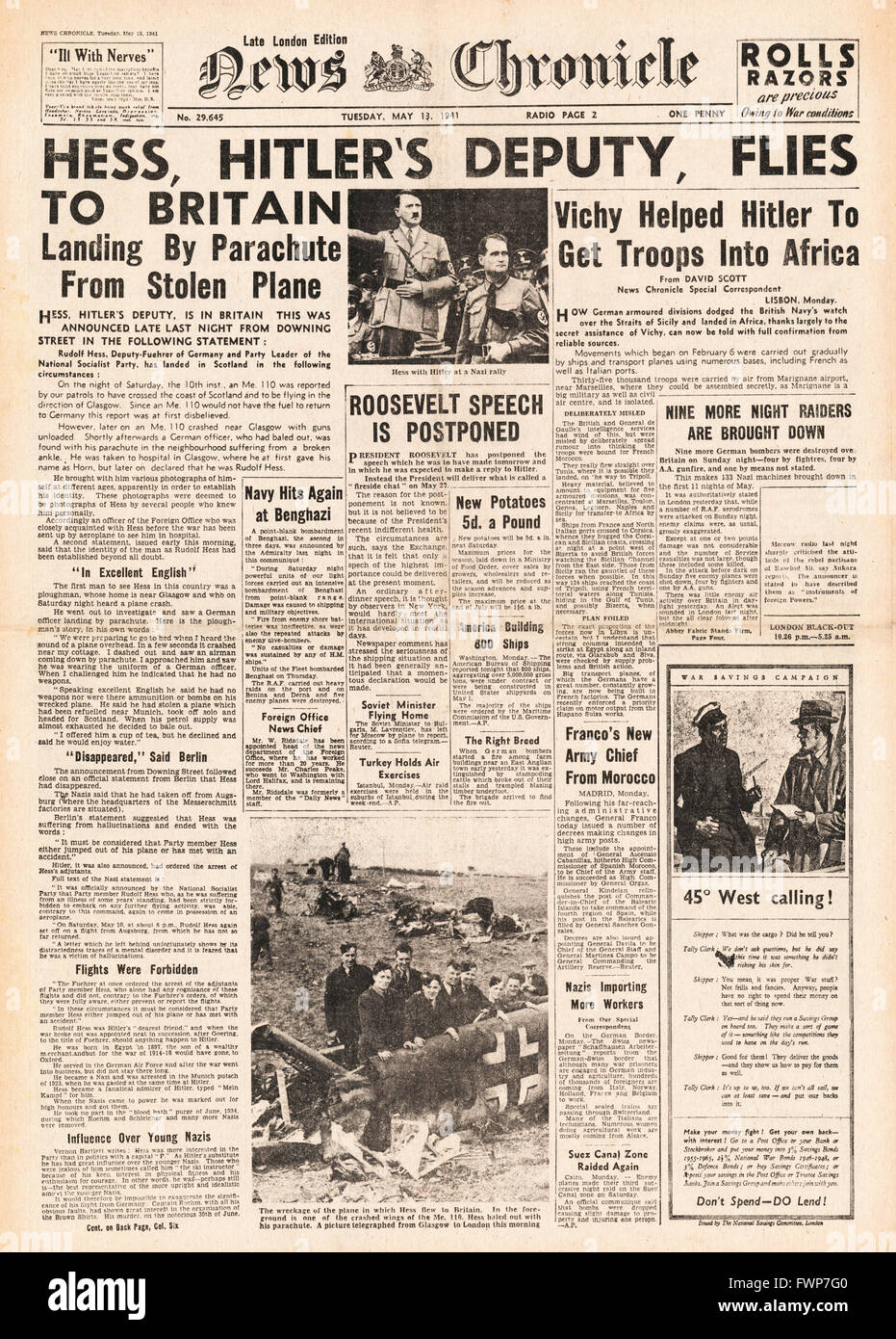 Dateien von vorderen Seite News Chronicle Hitlers Stellvertreter Rudolf Heß nach Großbritannien 1941 Stockfoto