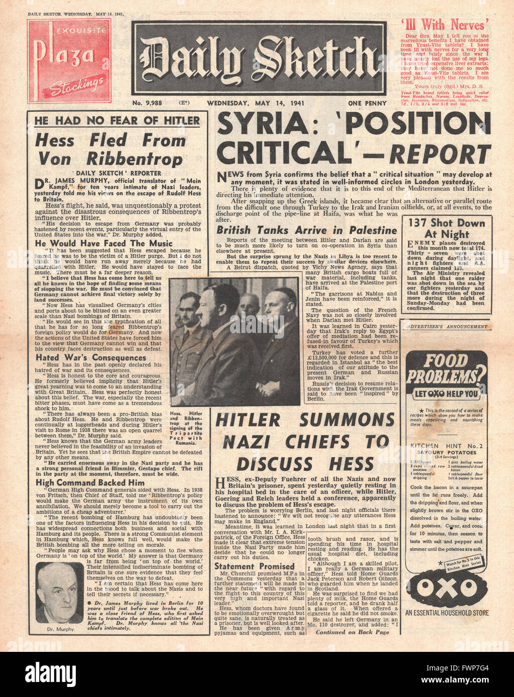 1941 vordere Seite tägliche Skizze Hitlers Stellvertreter Rudolf Hess Dateien nach Großbritannien und Herbert Morrison übernimmt die Kontrolle von Britains Feuerwehren Stockfoto
